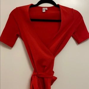 Red deep v short sleeve shirt